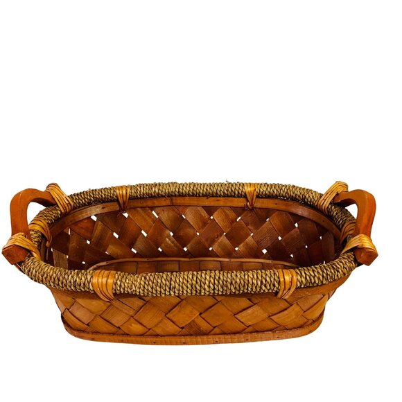 Decorative Woven Basket Basketweave Handles Storage Box Farmhouse Wood Chip Styl - Picture 1 of 13